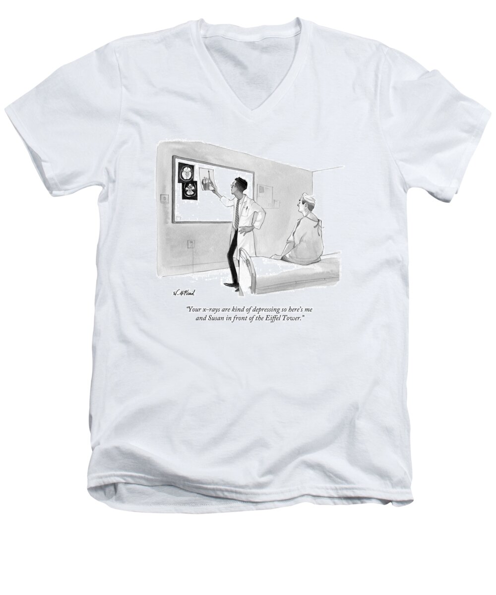 Vacation Men's V-Neck T-Shirt featuring the drawing Your X-rays Are Kind Of Depressing So Here's by Will McPhail