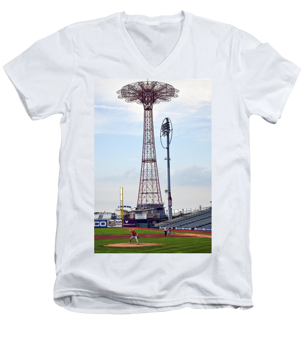 Cyclones Stadium Men's V-Neck T-Shirt featuring the photograph 13 Year Old Pitching at Coney Island Cyclones Stadium by Maureen E Ritter