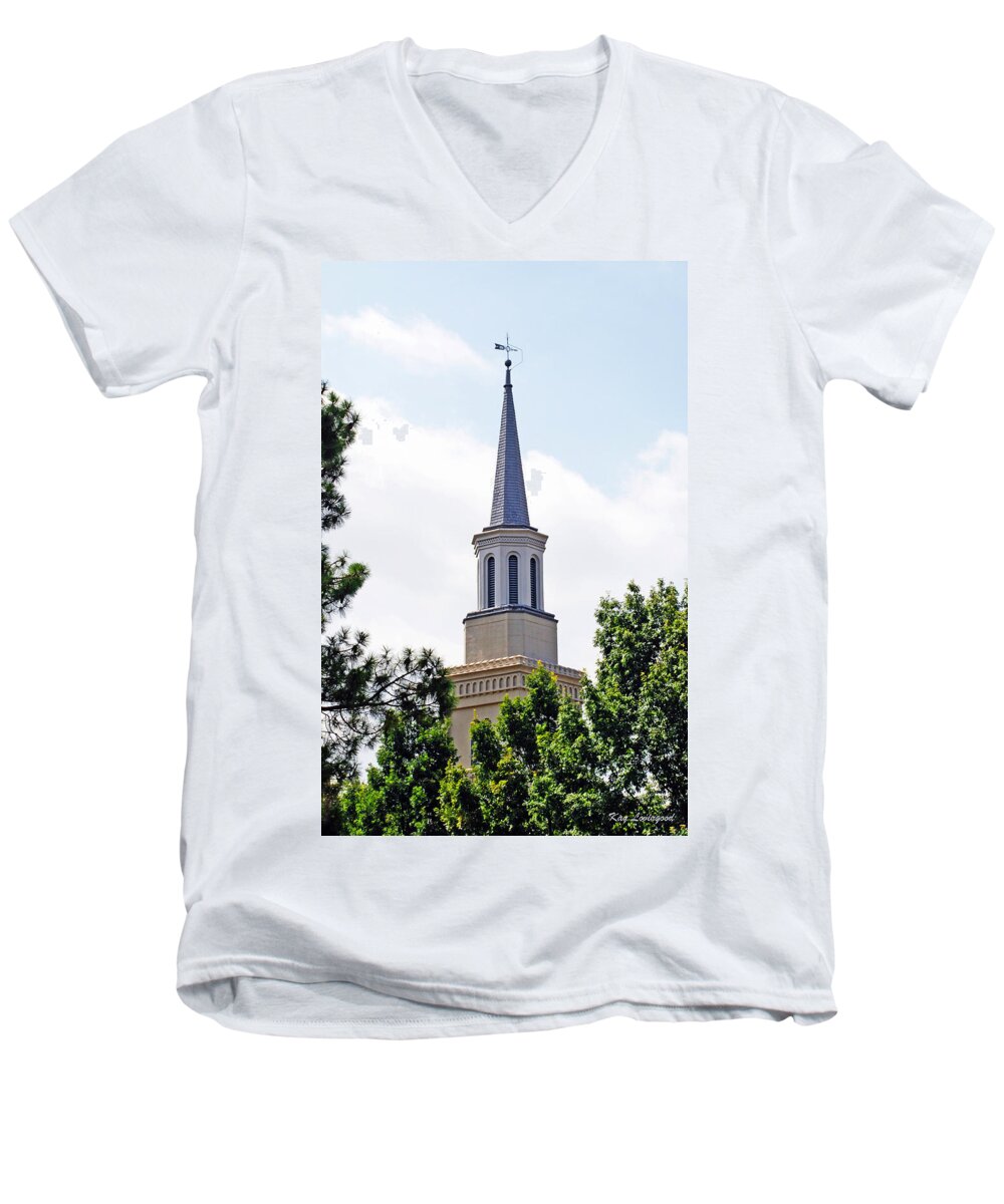 Church Men's V-Neck T-Shirt featuring the photograph 1st Presbyterian Steeple by Kay Lovingood