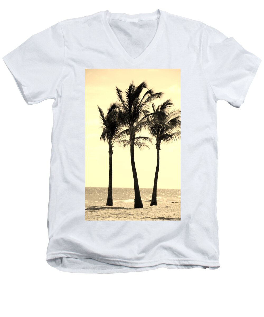 Palms Men's V-Neck T-Shirt featuring the photograph 3 PALMS in SEPIA by Rob Hans