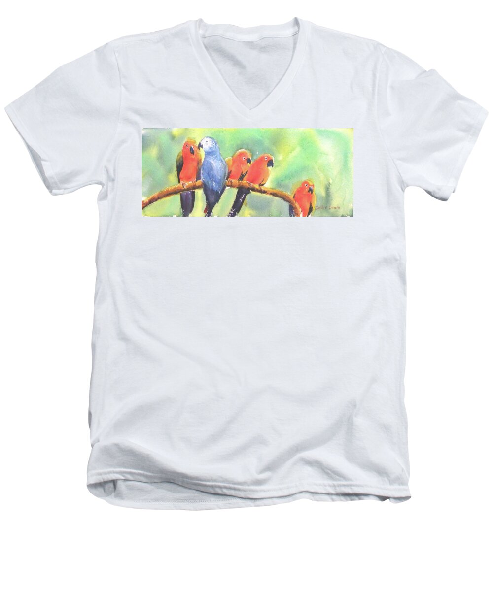 Birds Men's V-Neck T-Shirt featuring the painting A New Slant on Life by Debbie Lewis