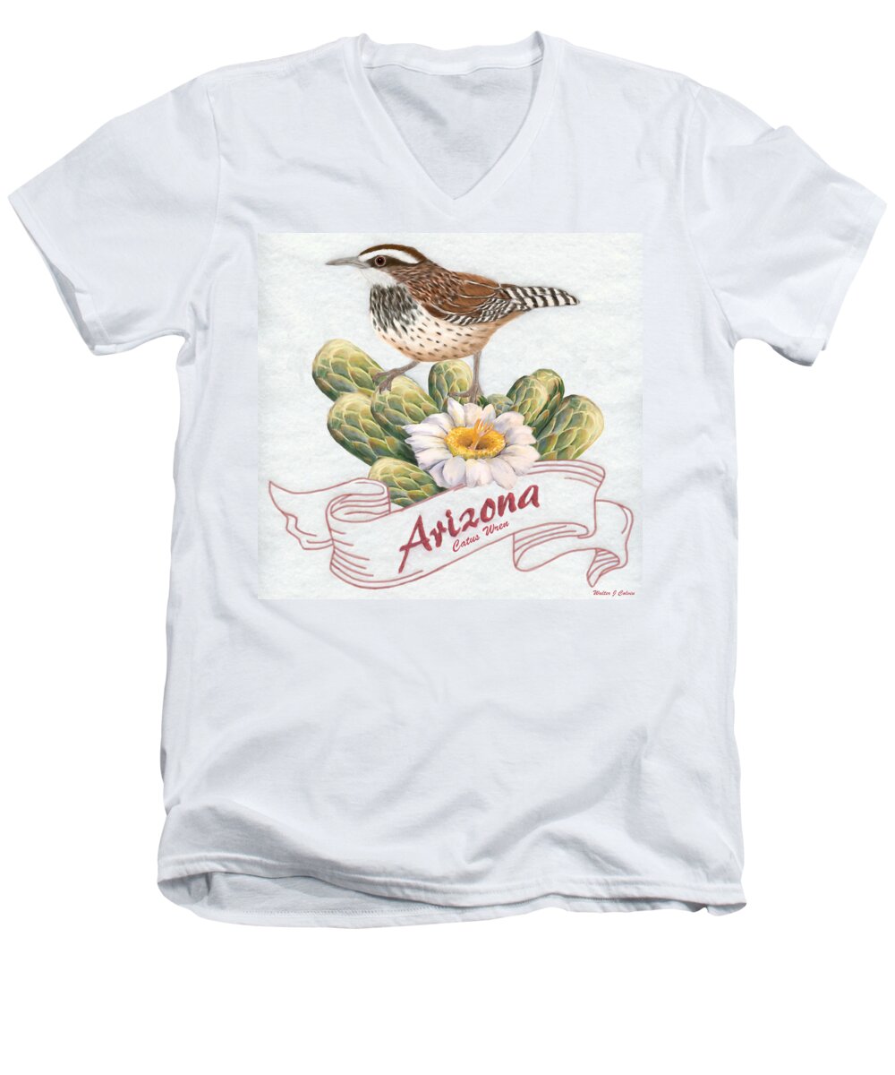 Arizona State Bird Men's V-Neck T-Shirt featuring the digital art Arizona State Bird Cactus Wren by Walter Colvin