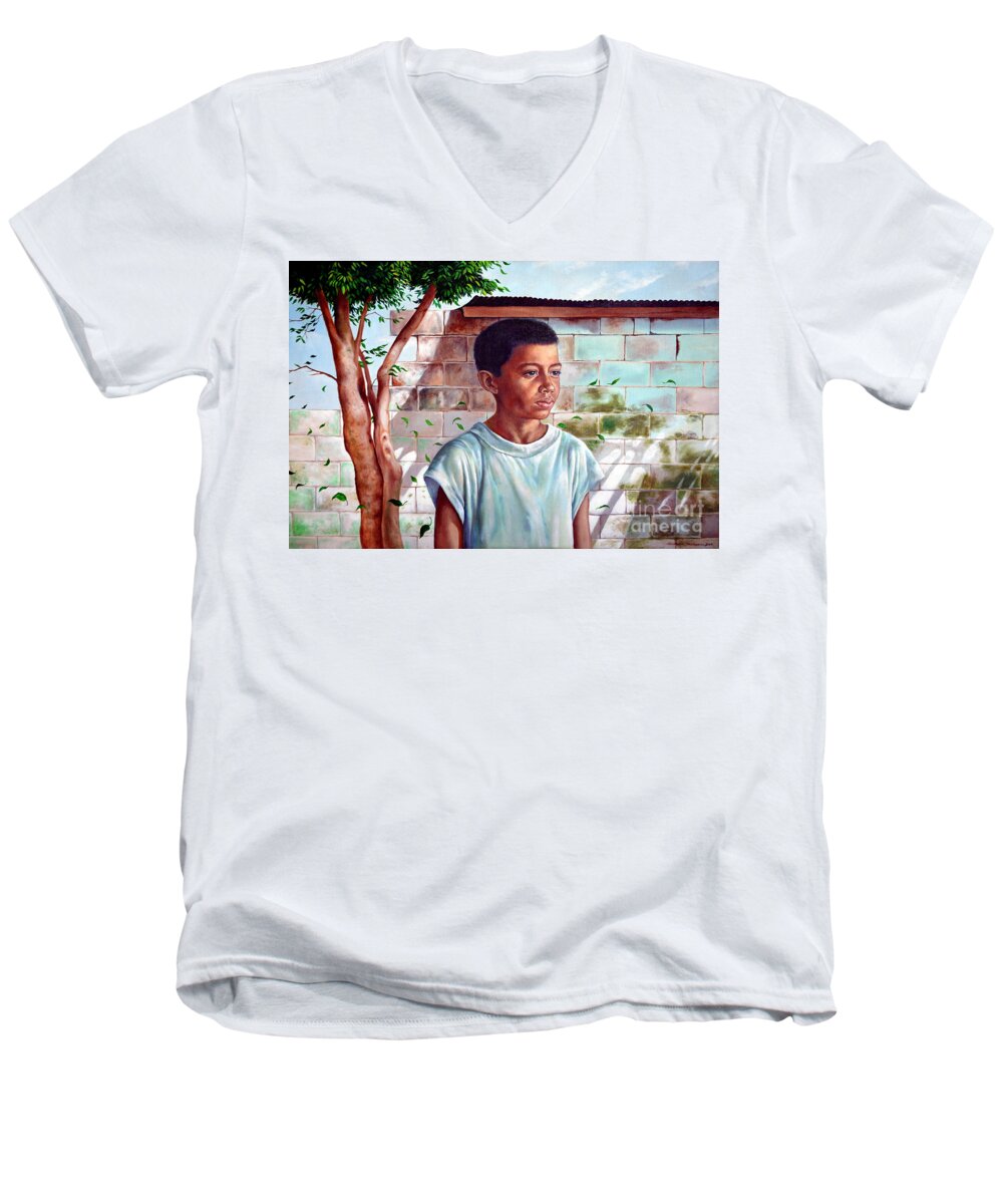 Bata Men's V-Neck T-Shirt featuring the painting Bata the Filipino Child by Christopher Shellhammer