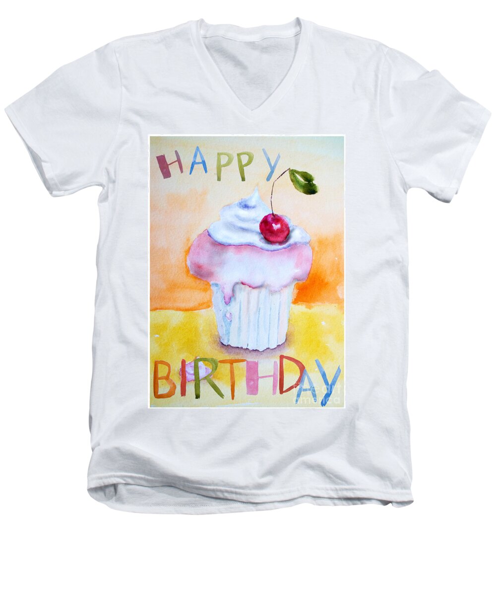 Background Men's V-Neck T-Shirt featuring the painting Cake with insription Happy Birthday by Regina Jershova