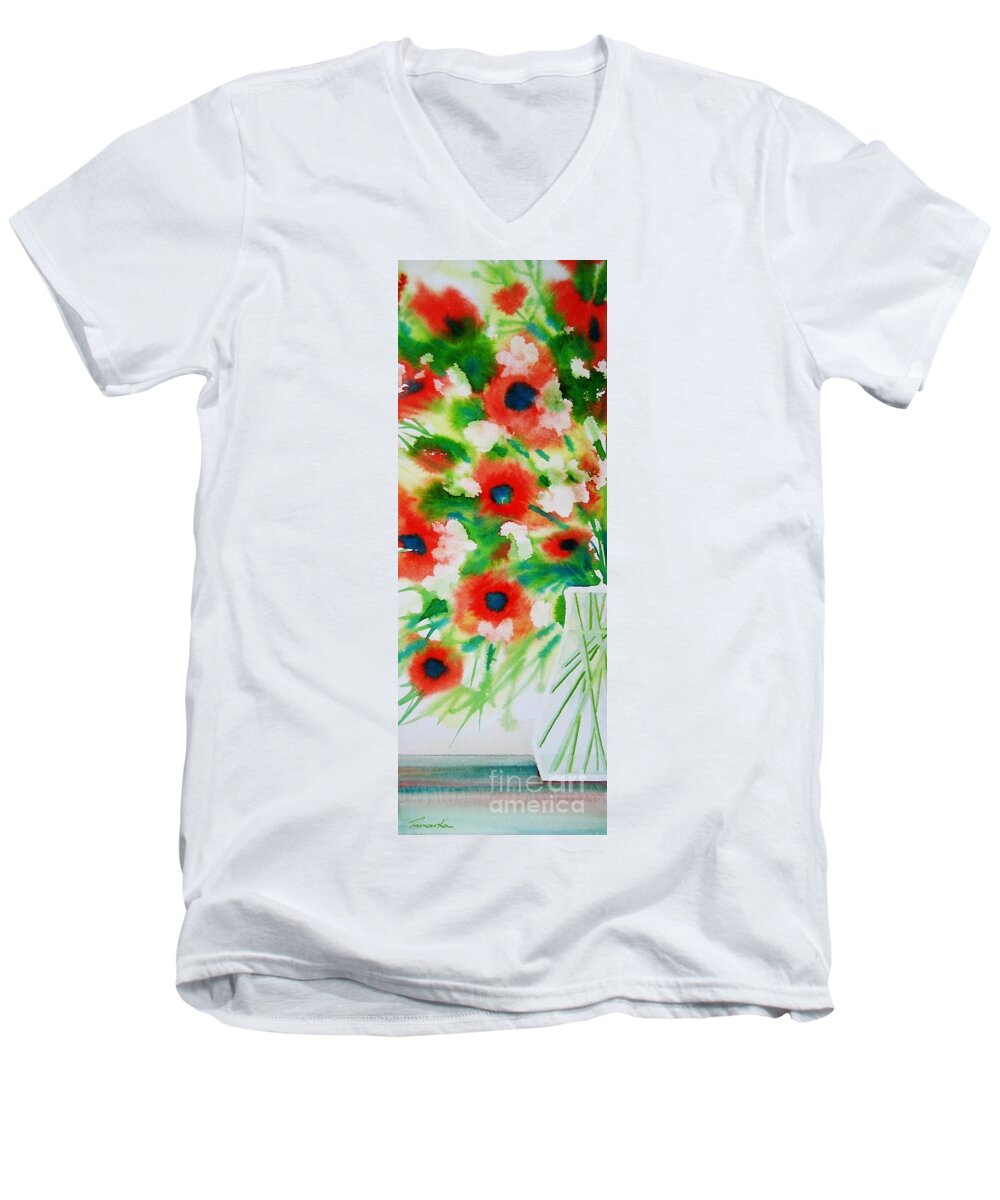 Nature Men's V-Neck T-Shirt featuring the painting Flowers in a Glass by Frances Ku