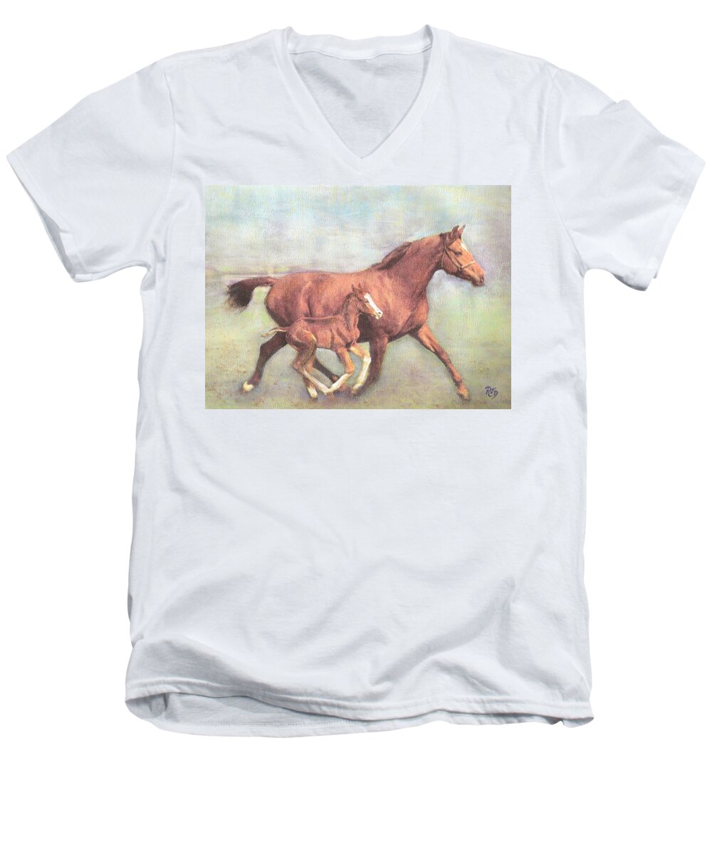 Horse Men's V-Neck T-Shirt featuring the painting FREE and fleet as the wind by Richard James Digance
