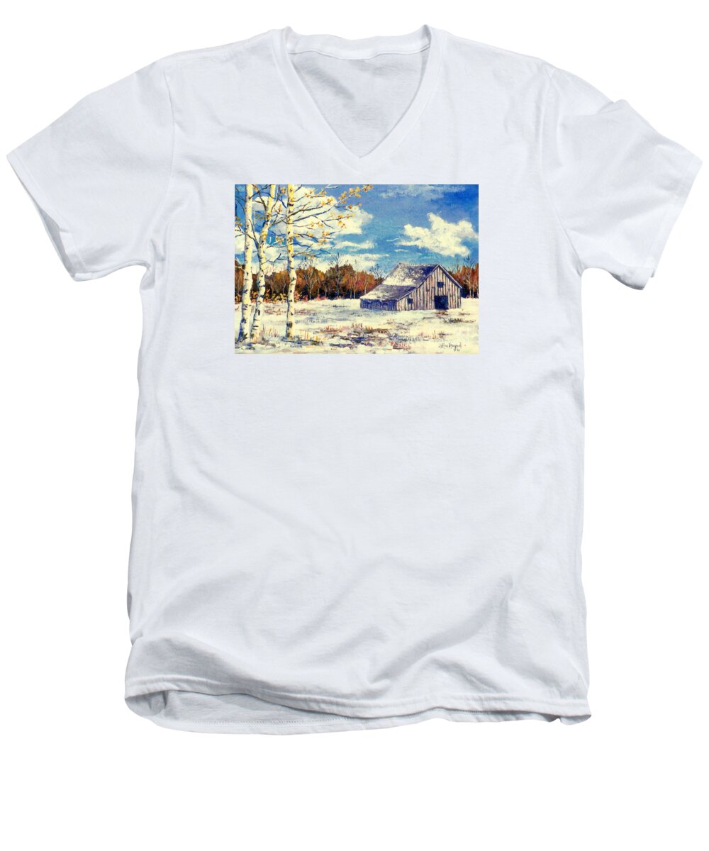 Snow Scene Men's V-Neck T-Shirt featuring the painting Grandma's Barn by Lou Ann Bagnall