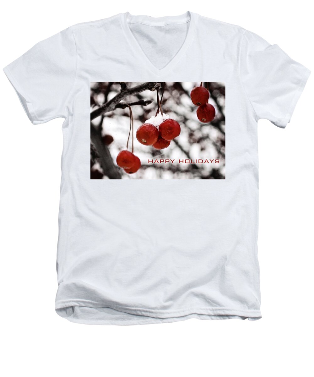 Happy Holidays Men's V-Neck T-Shirt featuring the photograph Happy Holidays Berries by Laura Kinker