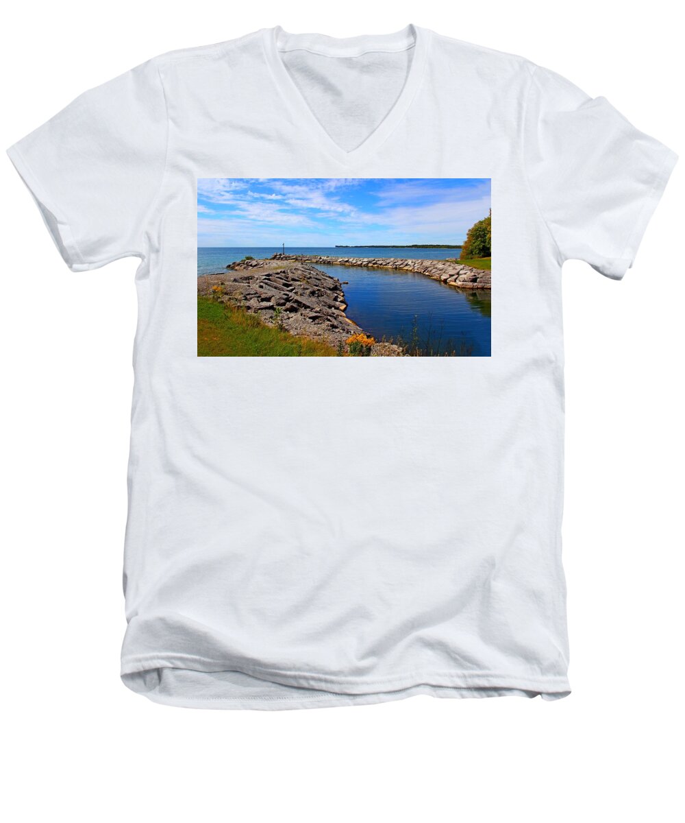 Lake Men's V-Neck T-Shirt featuring the photograph Lakeside Bend by Davandra Cribbie