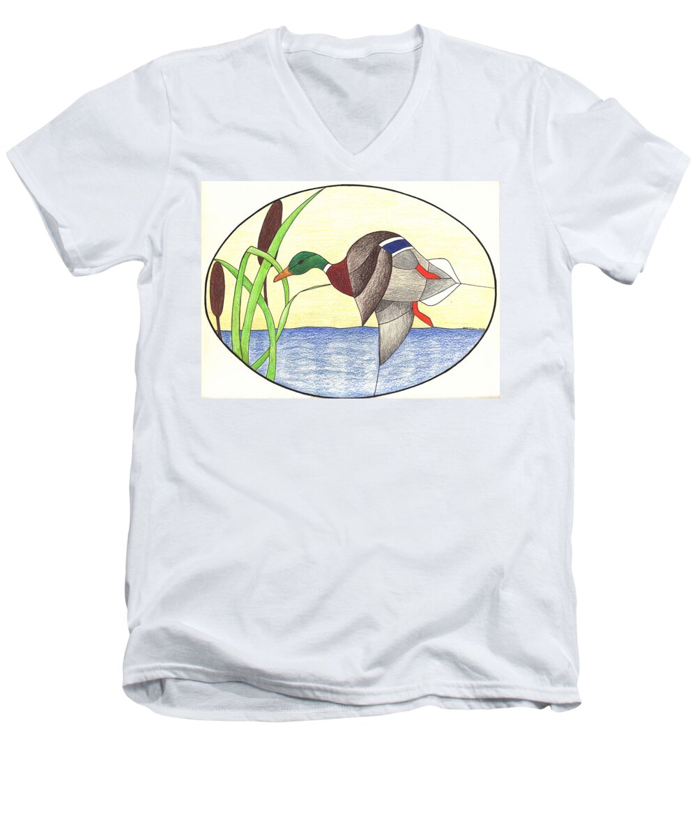 Colored Pencil Art Men's V-Neck T-Shirt featuring the drawing Mallard Duck by Wendy McKennon