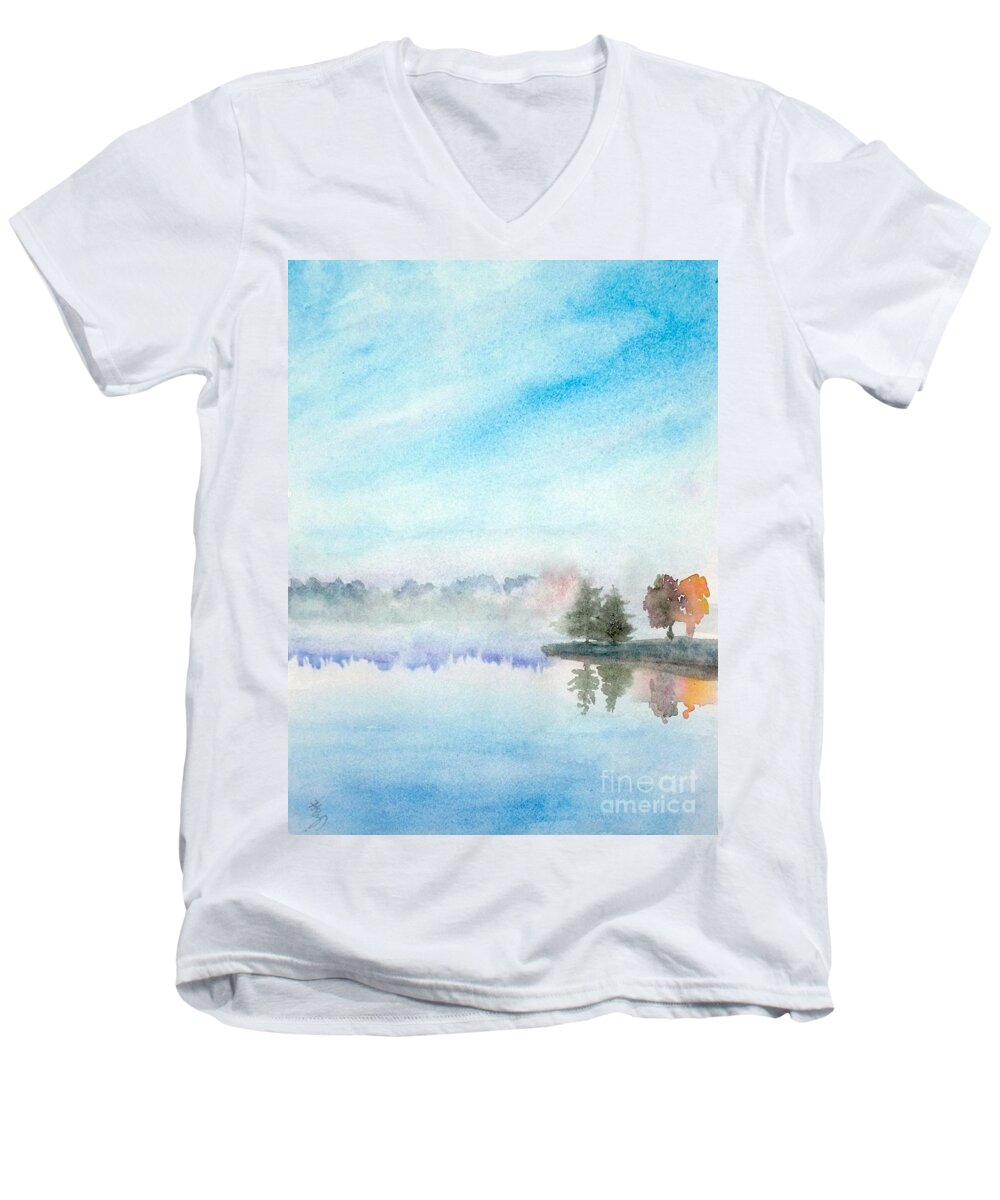 Lakeview Men's V-Neck T-Shirt featuring the painting Misty Lake by Yoshiko Mishina
