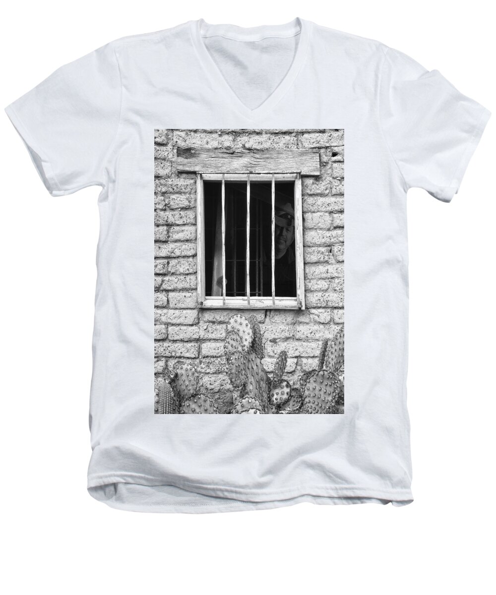 'old Jailhouse' Men's V-Neck T-Shirt featuring the photograph Old Western Jailhouse Window in Black and White by James BO Insogna