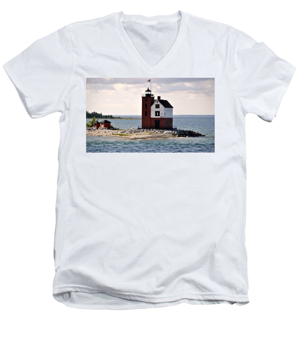 Round Island Light House Men's V-Neck T-Shirt featuring the photograph Round Island Light by Marysue Ryan