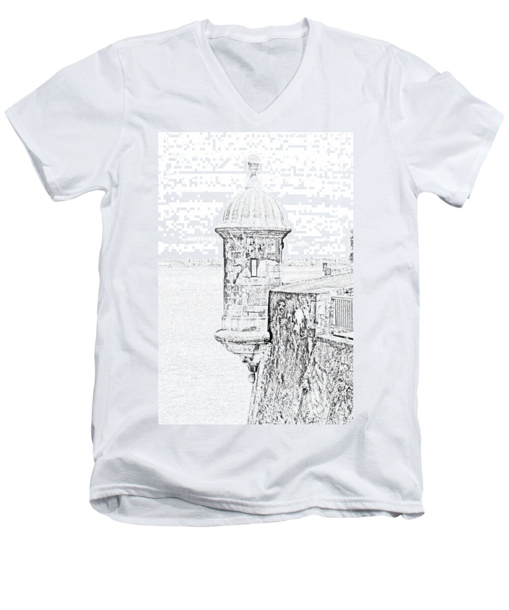 Old San Juan Men's V-Neck T-Shirt featuring the digital art Sentry Tower Castillo San Felipe Del Morro Fortress San Juan Puerto Rico Line Art Black and White by Shawn O'Brien