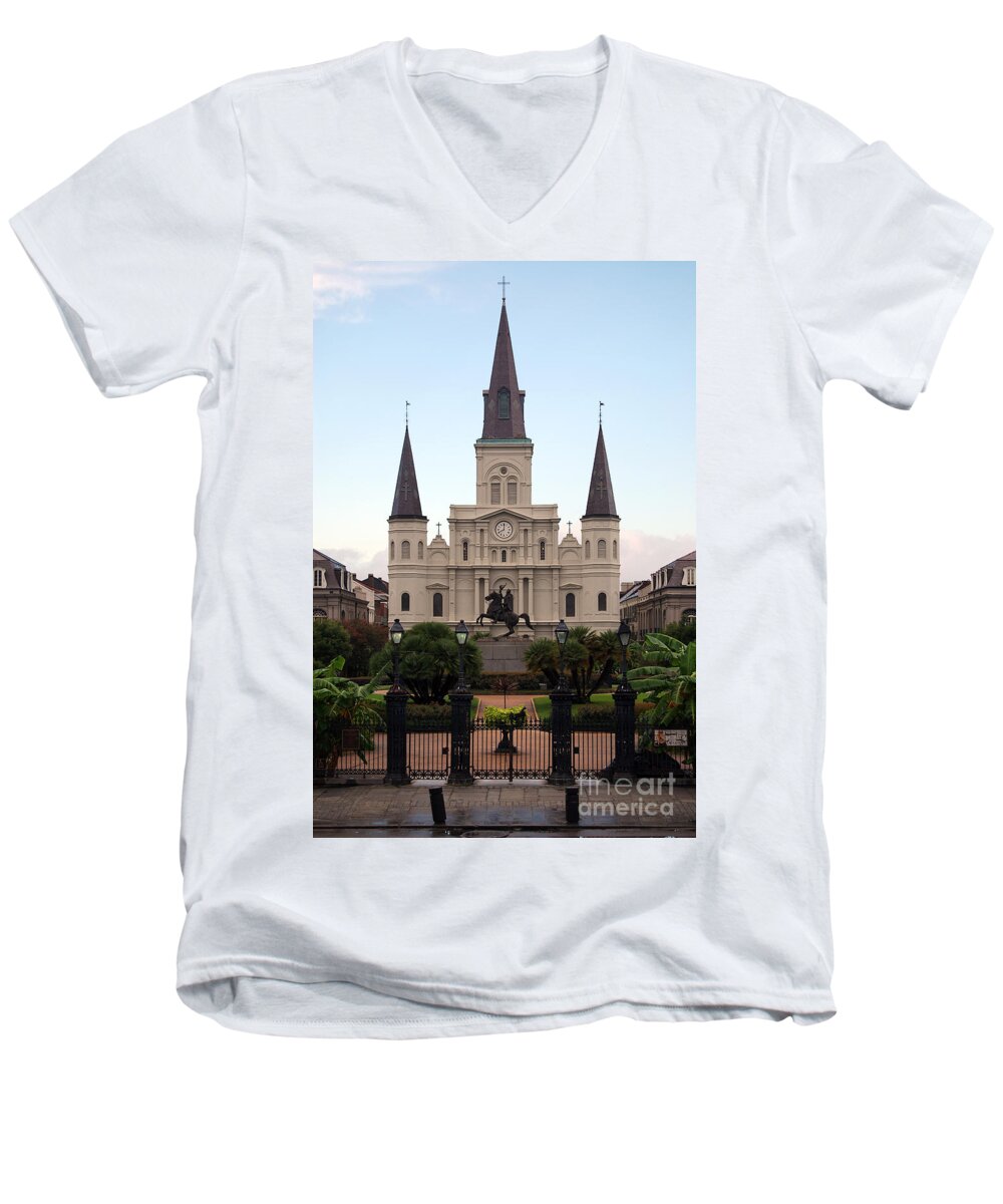 Travelpixpro New Orleans Men's V-Neck T-Shirt featuring the photograph St Louis Cathedral on Jackson Square in the French Quarter New Orleans by Shawn O'Brien