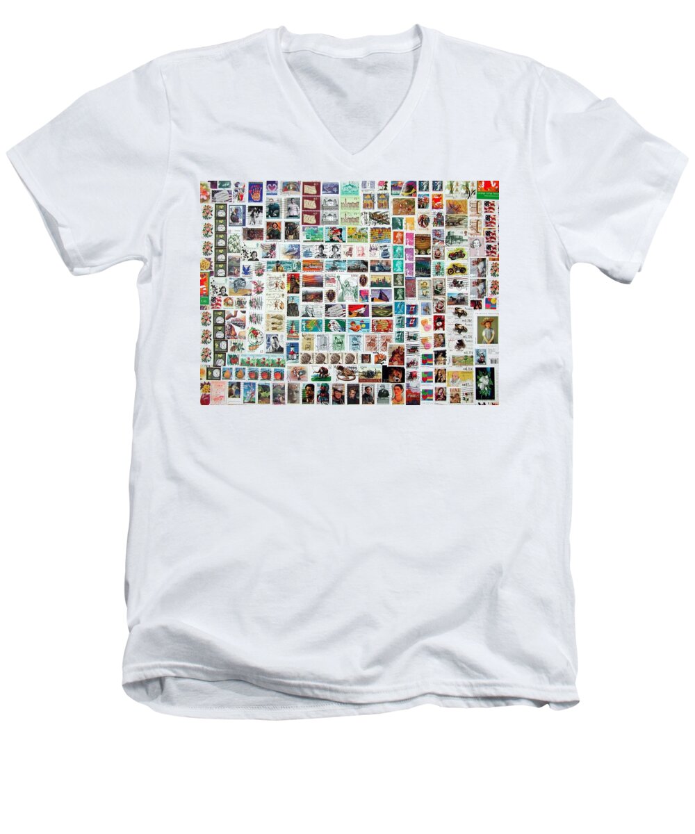 Stamps Men's V-Neck T-Shirt featuring the mixed media Stamparely by Anna Ruzsan