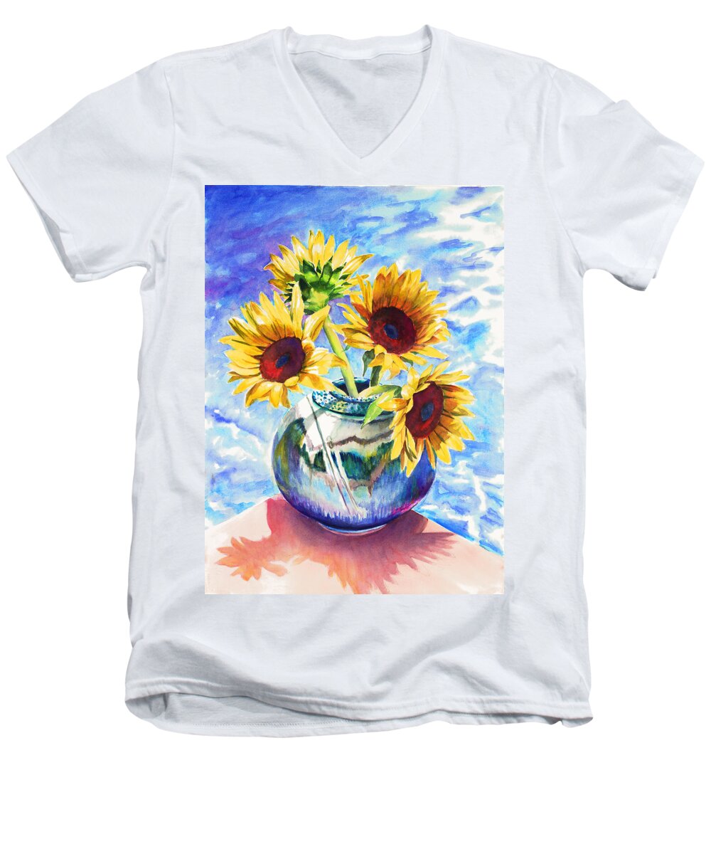 Still Life Men's V-Neck T-Shirt featuring the painting Sunflowers Sunbathing by Nancy Tilles