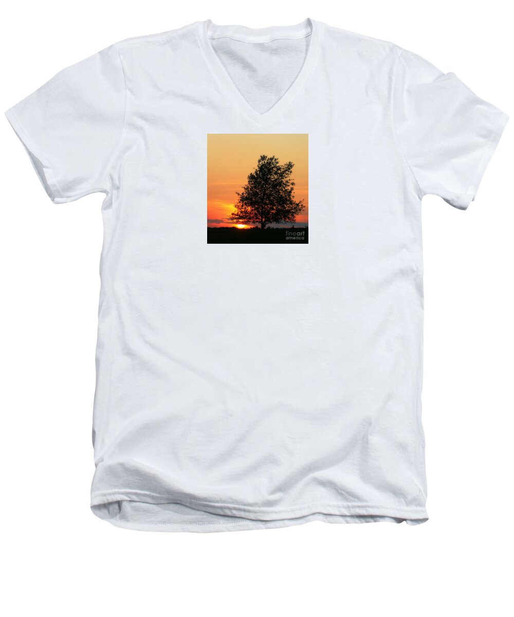 Biophilic Men's V-Neck T-Shirt featuring the photograph Square Photograph of a Fiery Orange Sunset and Tree Silhouette by Angela Rath