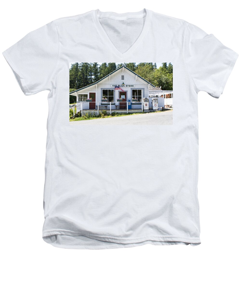 San Juan Islands Men's V-Neck T-Shirt featuring the photograph The Olga Store is Open Soon by Lorraine Devon Wilke