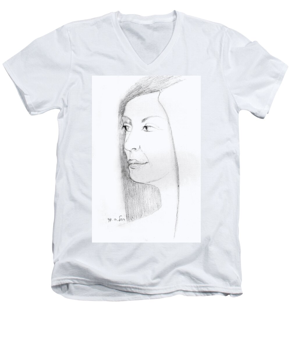 Woman In Black And White Long Hair Red Lips Shoulders Eye Men's V-Neck T-Shirt featuring the drawing Woman in black and white long hair red lips and shoulders by Rachel Hershkovitz