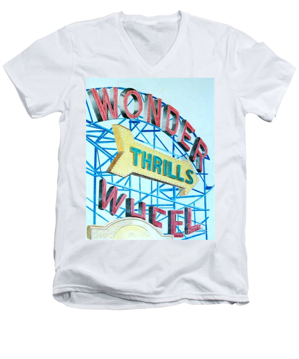 Color Pencil Men's V-Neck T-Shirt featuring the drawing Wonder Wheel by Glenda Zuckerman