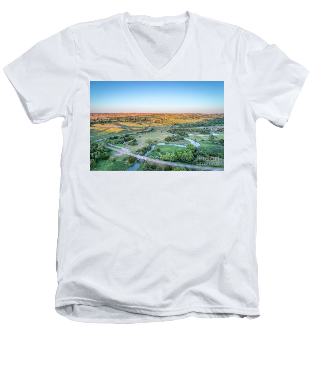 Dismal River Men's V-Neck T-Shirt featuring the photograph aerial view of Dismal River in Nebraska #1 by Marek Uliasz
