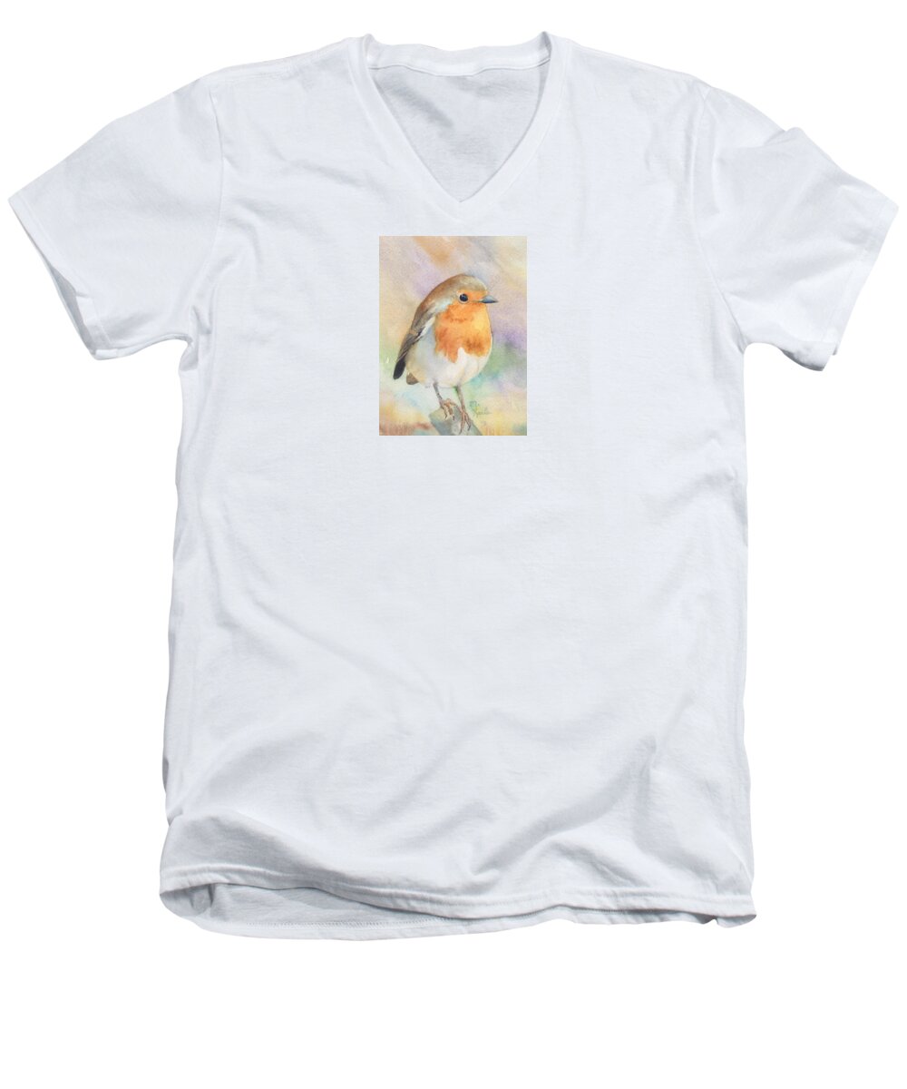 Bird Men's V-Neck T-Shirt featuring the painting British Robin #2 by Marsha Karle