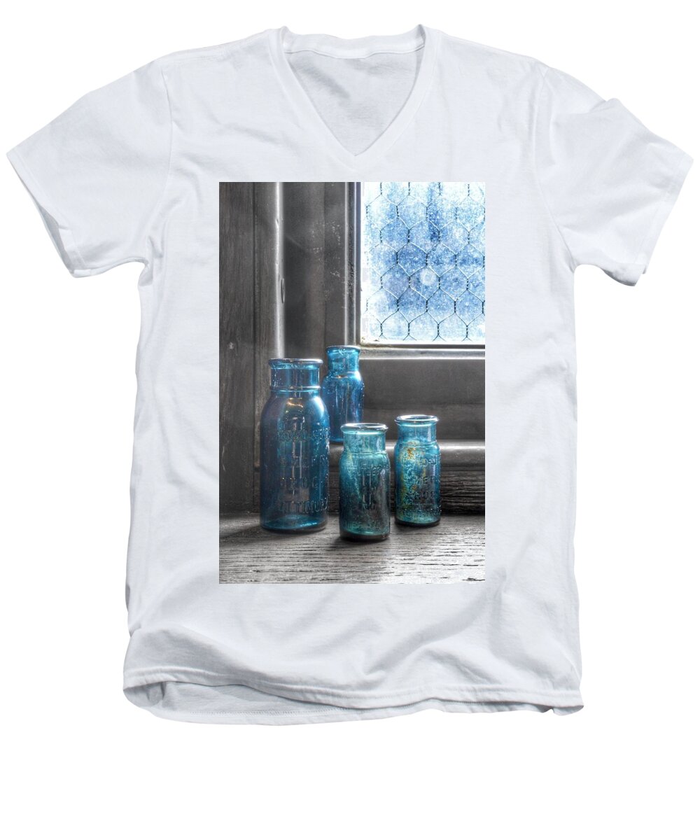 Bromo Seltzer Vintage Glass Bottles Men's V-Neck T-Shirt featuring the photograph Bromo Seltzer Vintage Glass Bottles #1 by Marianna Mills