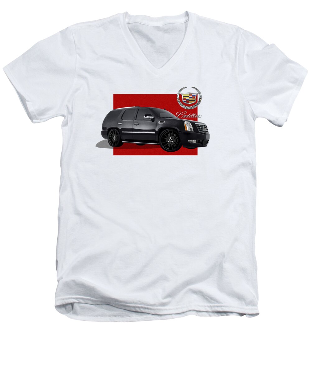 cadillac By Serge Averbukh Men's V-Neck T-Shirt featuring the photograph Cadillac Escalade with 3 D Badge #1 by Serge Averbukh