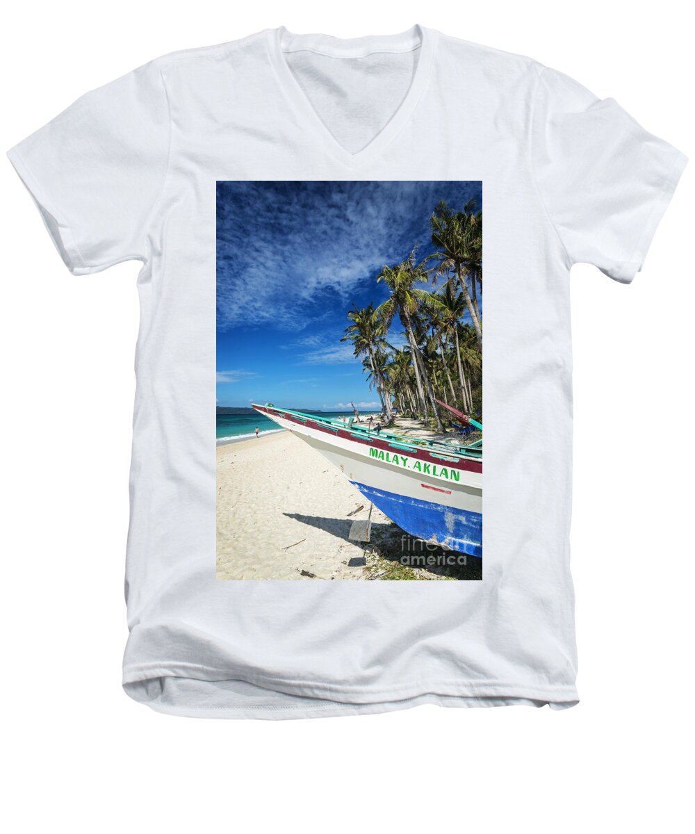 Asia Men's V-Neck T-Shirt featuring the photograph Fishing Boat On Puka Beach Tropical Paradise Boracay Philippines #1 by JM Travel Photography