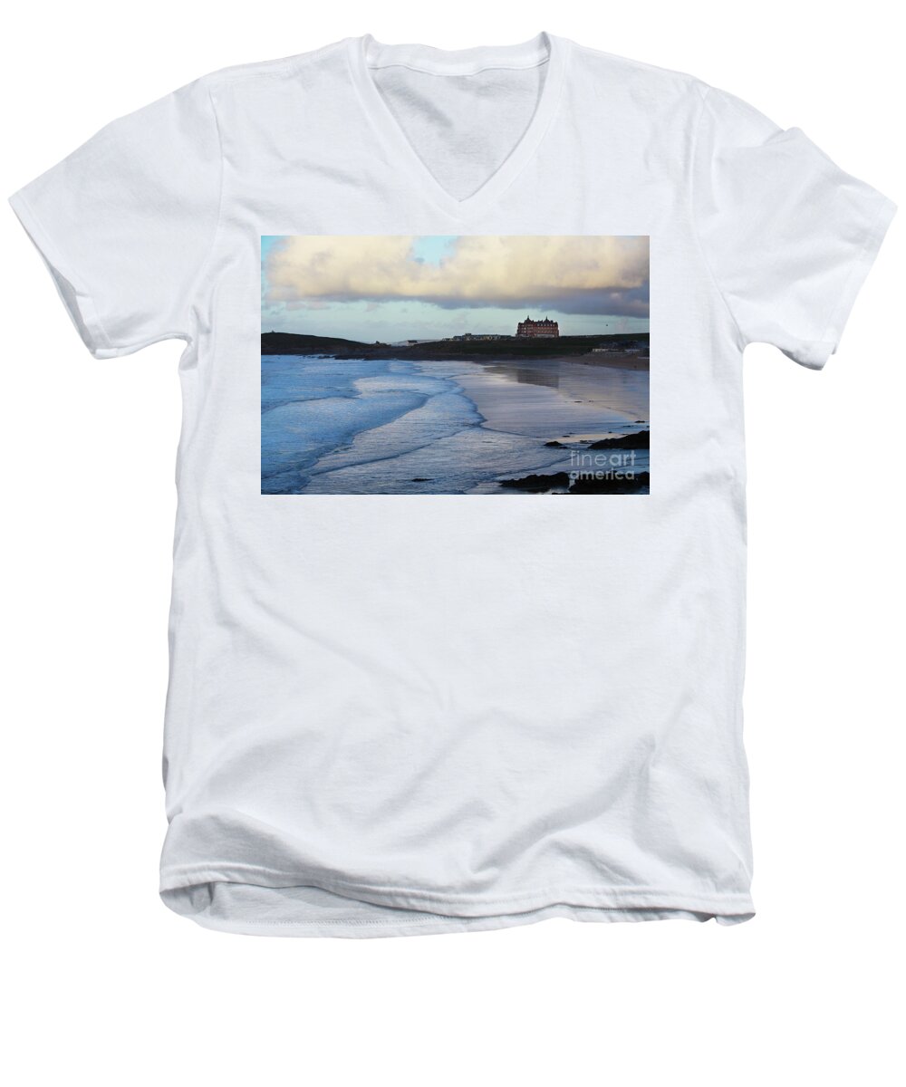 Fistral Men's V-Neck T-Shirt featuring the photograph Fistral Beach by Nicholas Burningham