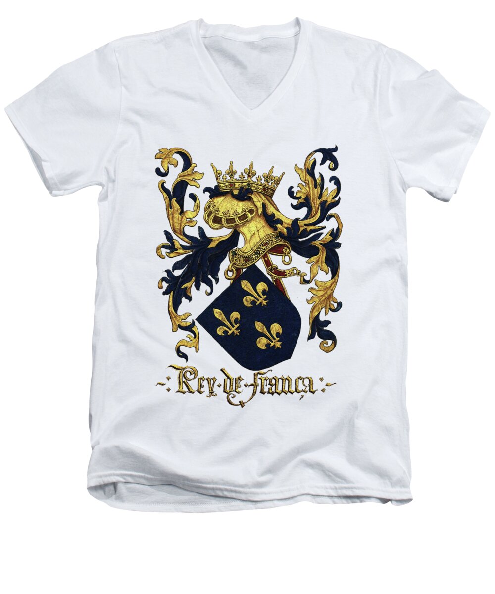 'roll Of Arms Collection By Serge Averbukh Men's V-Neck T-Shirt featuring the photograph King of France Coat of Arms - Livro do Armeiro-Mor #1 by Serge Averbukh