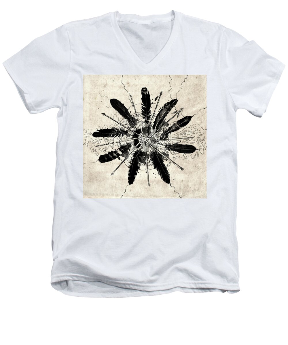 Feathers Men's V-Neck T-Shirt featuring the digital art Mandala Arrow Feathers #1 by Bekim M