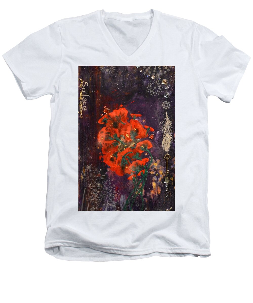 Poppies Men's V-Neck T-Shirt featuring the mixed media Solace by MiMi Stirn