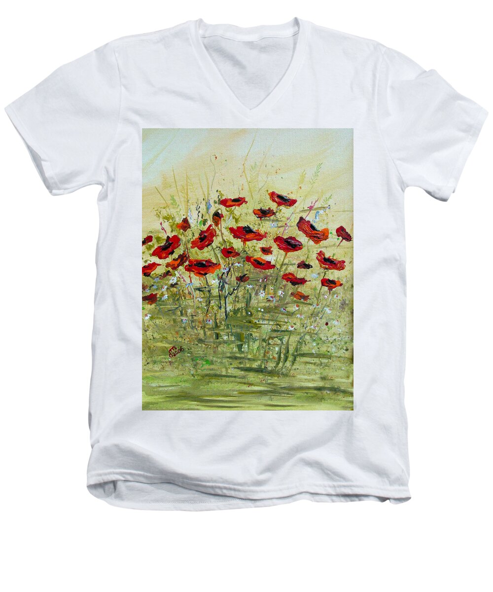 Poppies Men's V-Neck T-Shirt featuring the painting Poppies #1 by Dorothy Maier