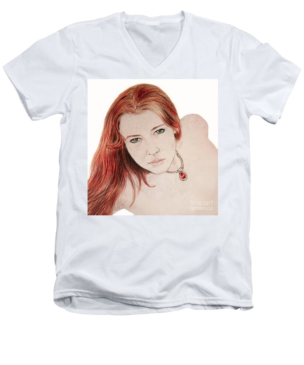 Drawing Men's V-Neck T-Shirt featuring the drawing Red Hair and Freckled Beauty #1 by Jim Fitzpatrick