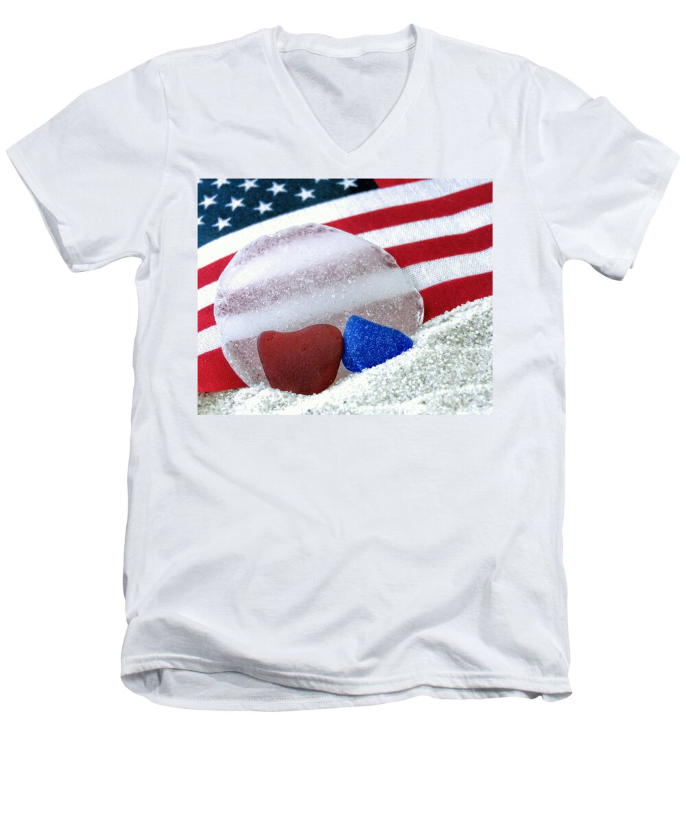 Patriotic Men's V-Neck T-Shirt featuring the photograph Sea Glass in Patriotic Colors by Janice Drew