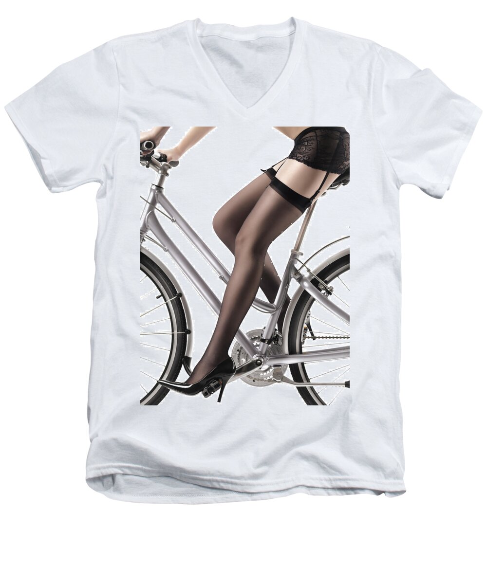 Legs Men's V-Neck T-Shirt featuring the photograph Sexy Woman Riding a Bike #1 by Maxim Images Exquisite Prints