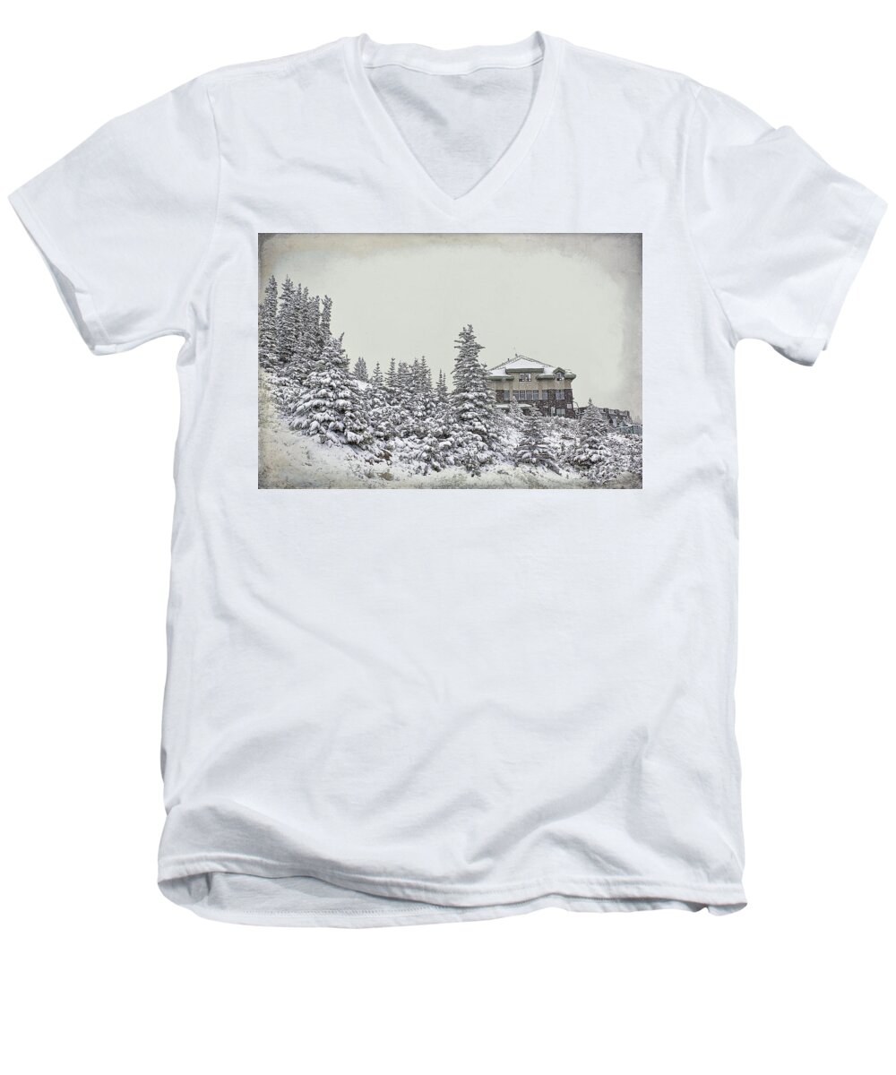 Snow Men's V-Neck T-Shirt featuring the photograph Snow in July #2 by Teresa Zieba