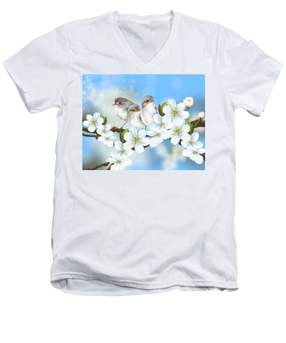 Bird Men's V-Neck T-Shirt featuring the painting Spring fever #2 by Veronica Minozzi