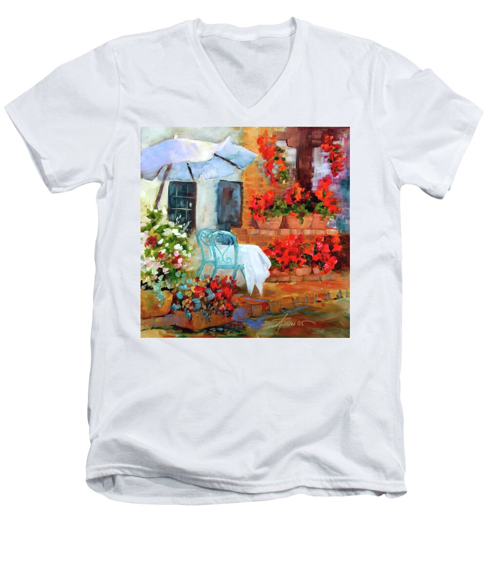 Tuscan Cafe Men's V-Neck T-Shirt featuring the painting Sunny With A Light Breeze by Adele Bower