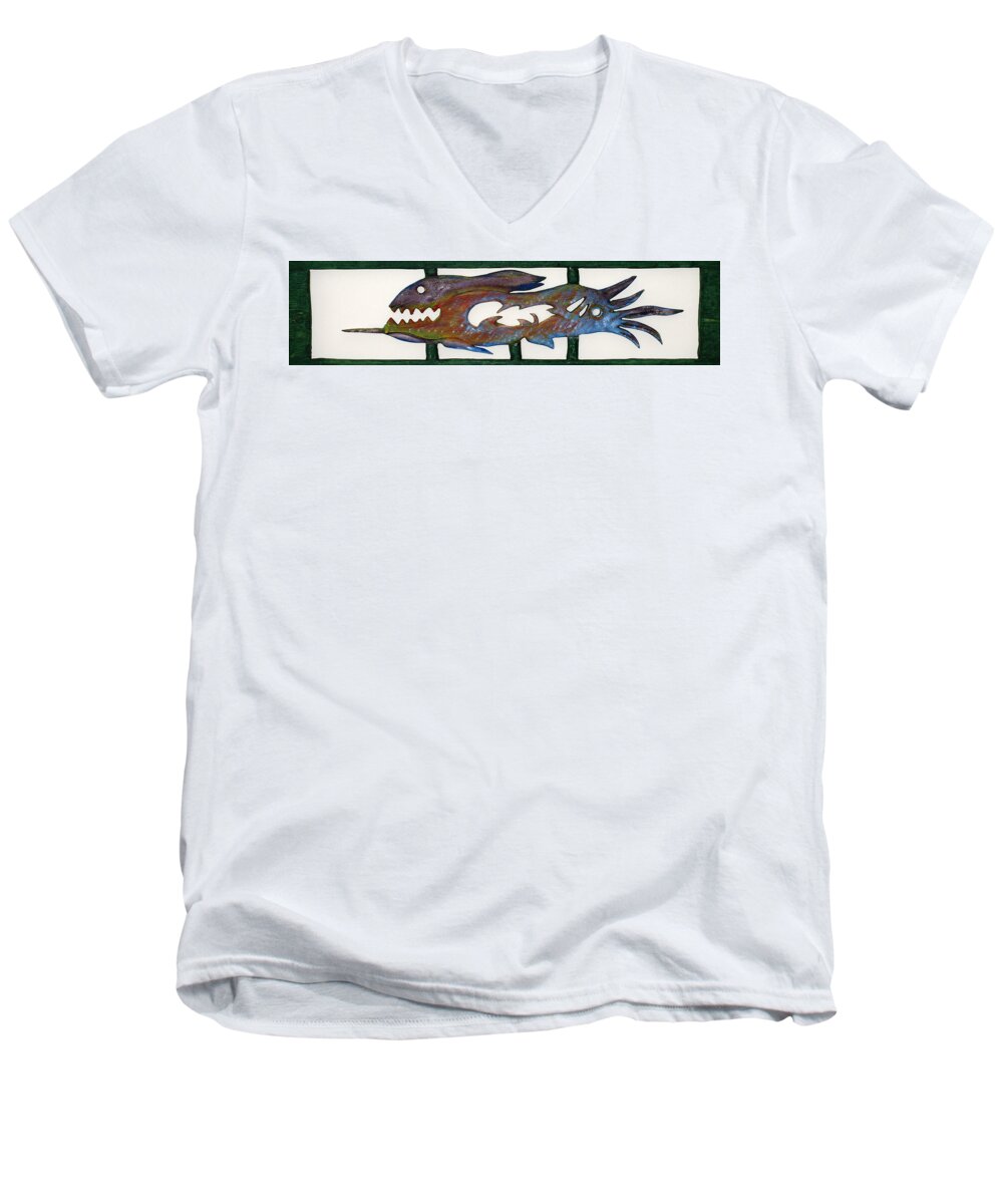 Extinct Fish Men's V-Neck T-Shirt featuring the mixed media The Prozak Fish #1 by Robert Margetts