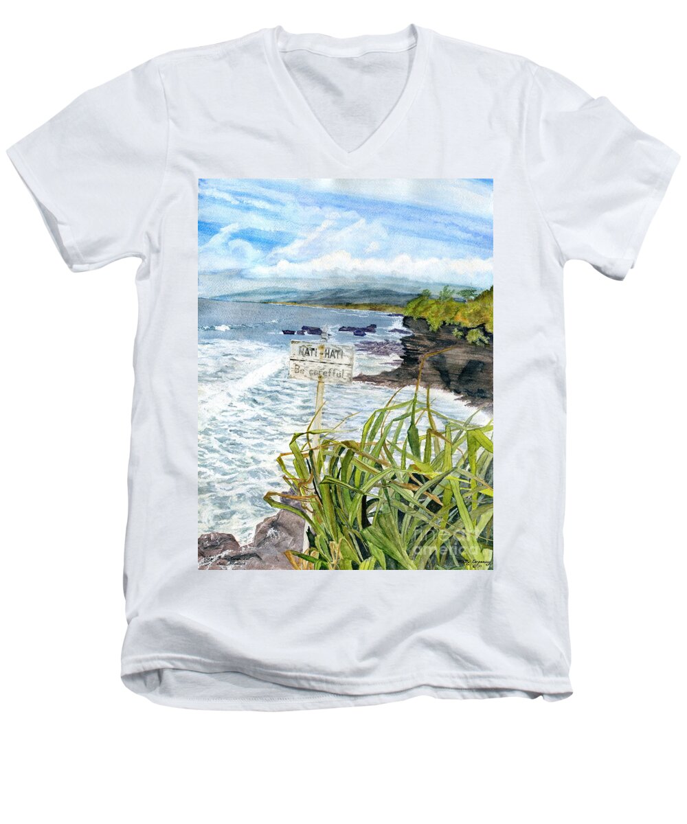 Bali Fine Art Men's V-Neck T-Shirt featuring the painting View From Tanah Lot Bali Indonesia #1 by Melly Terpening