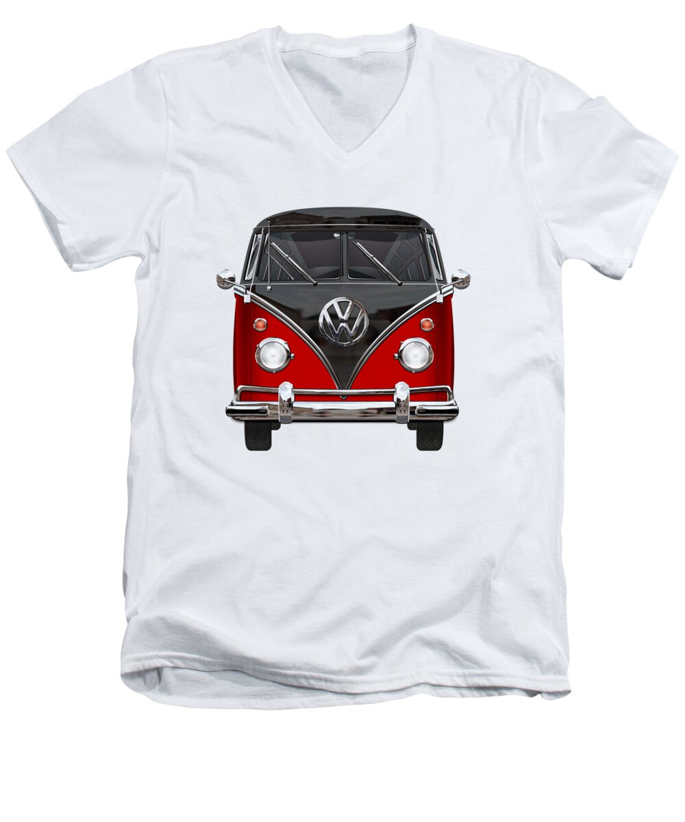 'volkswagen Type 2' Collection By Serge Averbukh Men's V-Neck T-Shirt featuring the photograph Volkswagen Type 2 - Red and Black Volkswagen T 1 Samba Bus on White #1 by Serge Averbukh