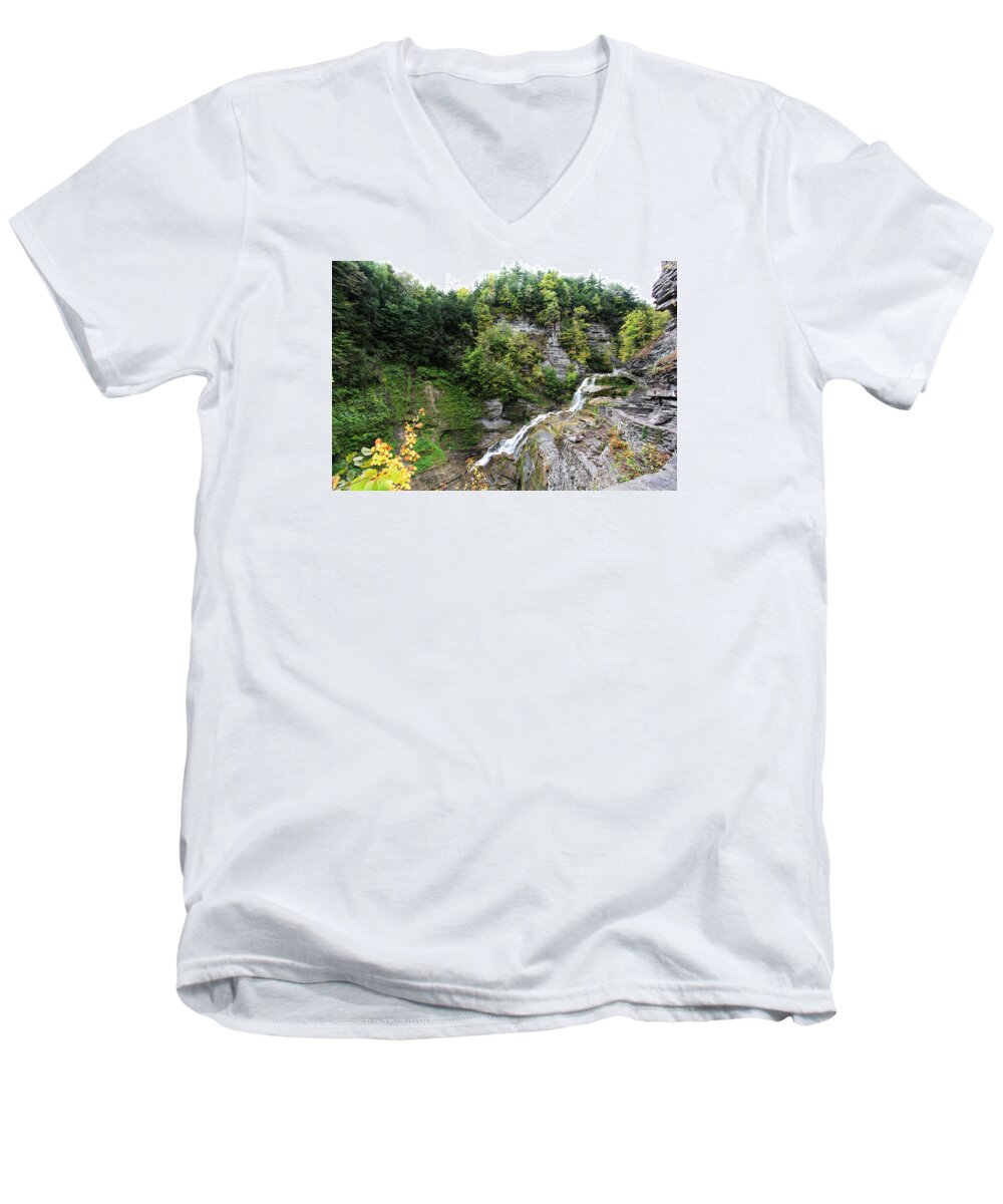 Waterfalls Men's V-Neck T-Shirt featuring the photograph Waterfall at Robert Treman State Park II by Trina Ansel
