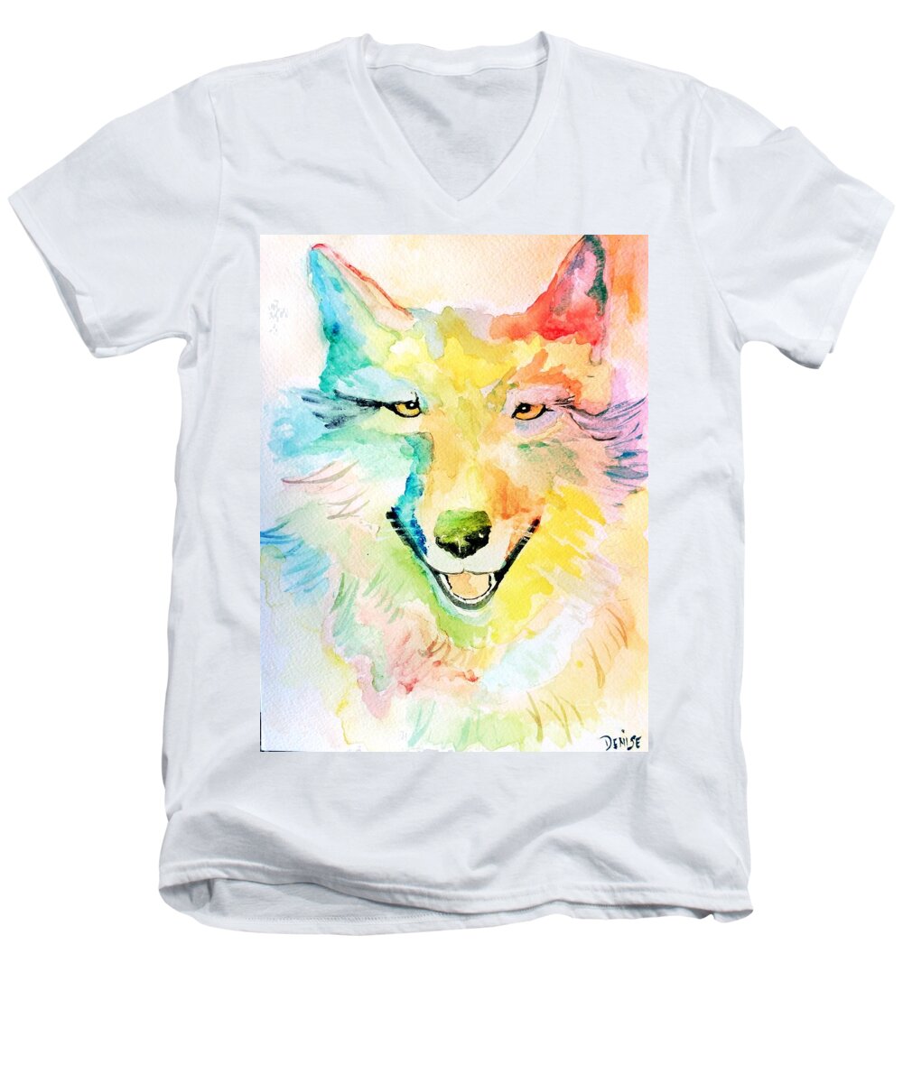Wolf Men's V-Neck T-Shirt featuring the painting Wolfie #1 by Denise Tomasura