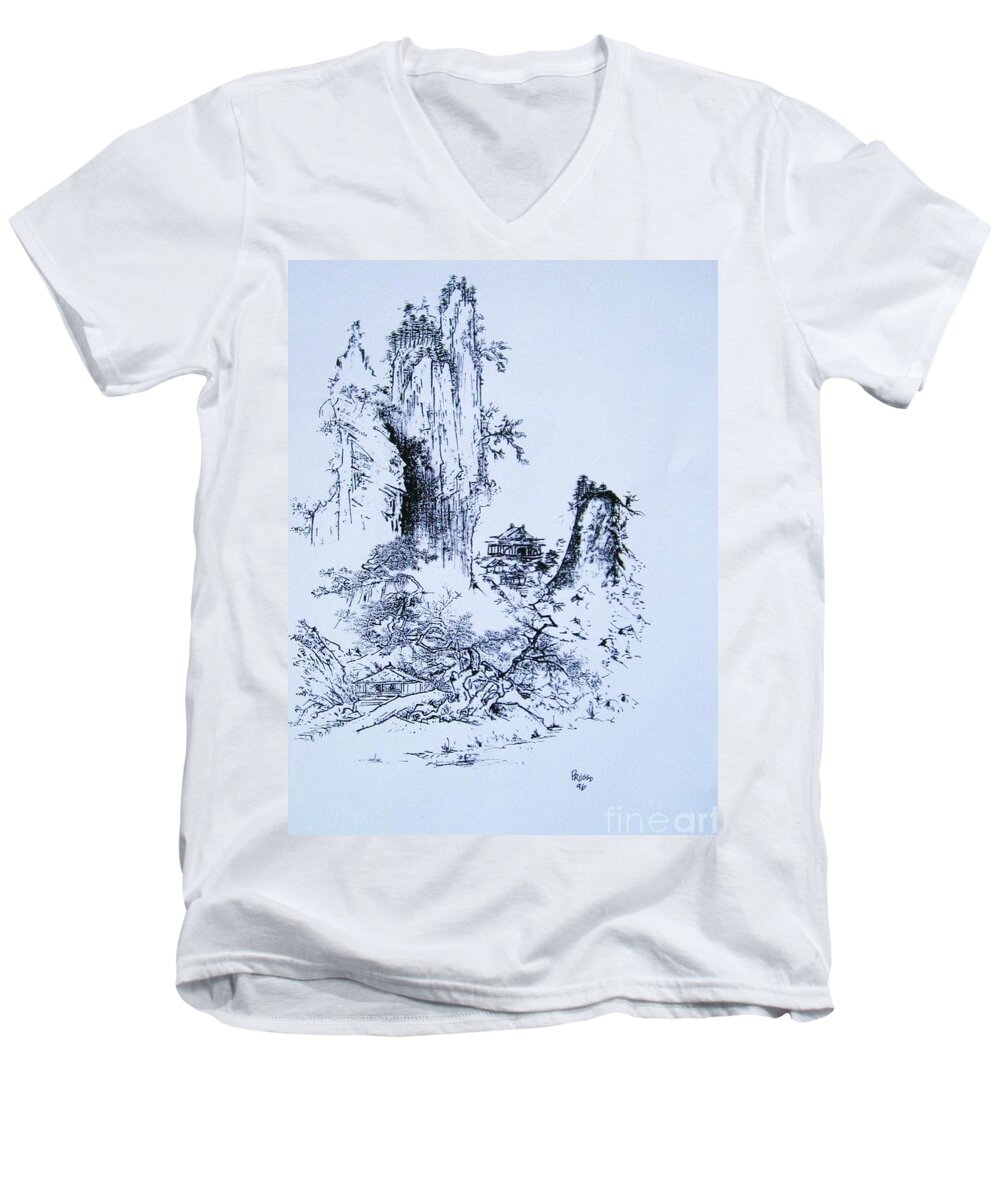Landscape Men's V-Neck T-Shirt featuring the painting Yama no fukei #1 by Thea Recuerdo