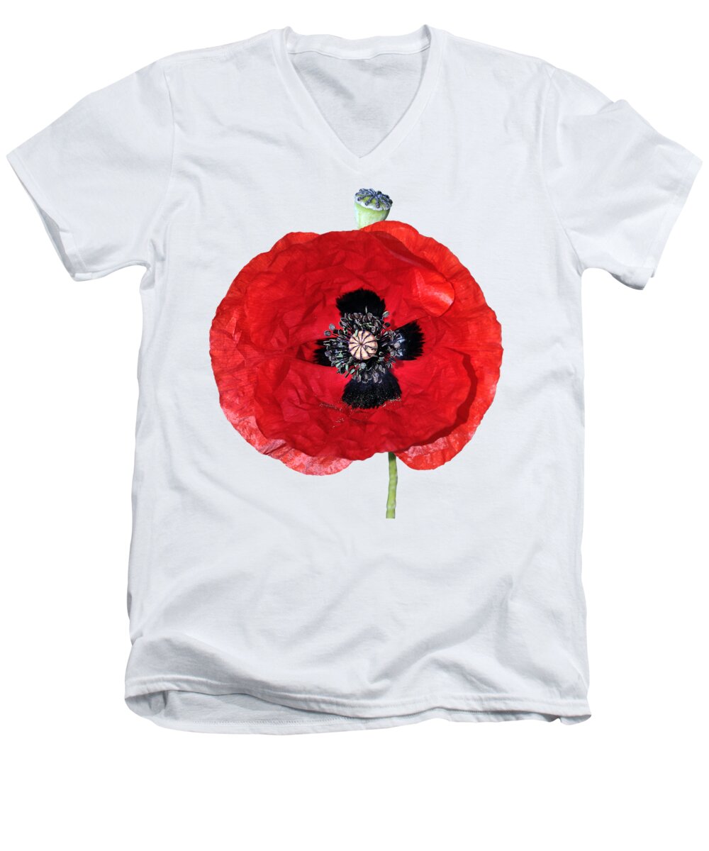 Poppy; Corn Poppy; Papaver Rhoeas; Red; Flower; Wild; Plant; Spring; Flowers; Photograph; Photography; Springtime; Season; Nature; Natural; Natural Environment; Flora; Bloom; Blooming; Blossom; Blossoming; Color; Colorful; Country; Countryside; Macro; Close-up; Detail; Details; Poppies; T-shirts; Slim Fit T-shirts; V-neck T-shirts; Long Sleeve T-shirts; Sweatshirts; Hoodies; Youth T-shirts; Toddler T-shirts; Baby Onesies; Women's T-shirts; Women's V-neck T-shirts; Junior T-shirts Men's V-Neck T-Shirt featuring the photograph Poppy flower #11 by George Atsametakis