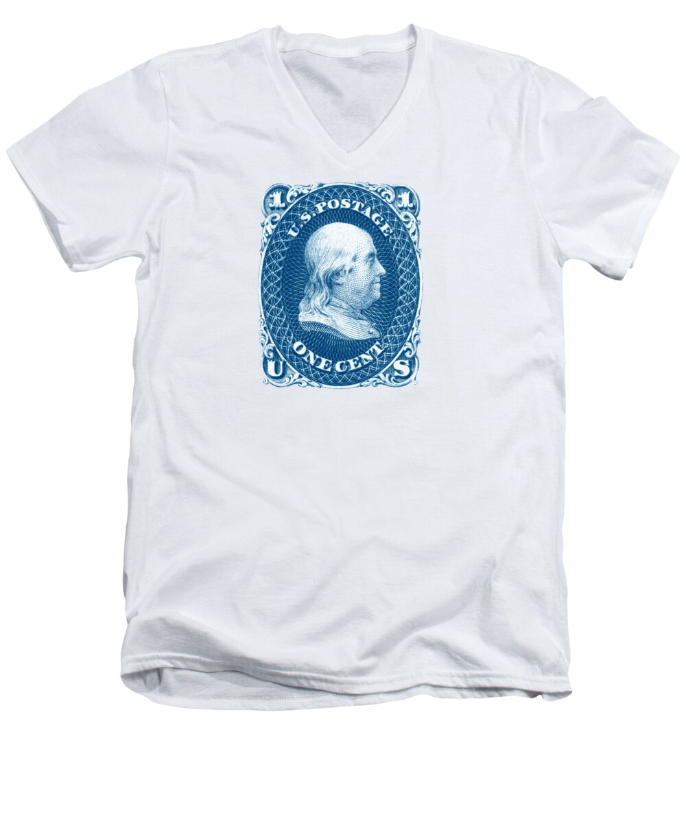 Benjamin Franklin Men's V-Neck T-Shirt featuring the painting 1861 Benjamin Franklin Stamp by Historic Image