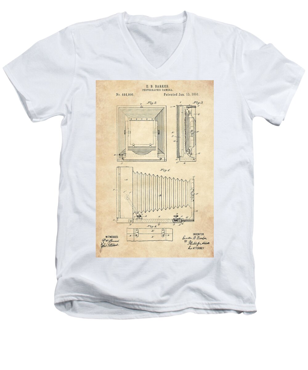 Patent Men's V-Neck T-Shirt featuring the digital art 1891 Camera US Patent Invention Drawing - Vintage Tan by Todd Aaron